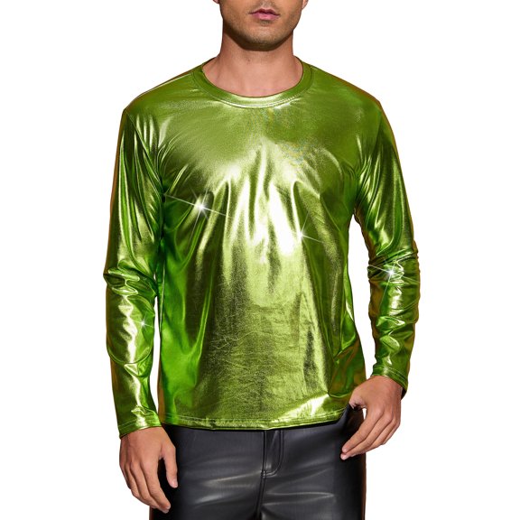 INSPIRE CHIC Men's T-Shirts Round Neck Long Sleeve Shiny Top L Yellow Green