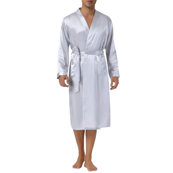 INSPIRE CHIC Men's Nightdress Satin Robe Long Sleeve Tied Sleepwear Bathrobe 2XL Silver