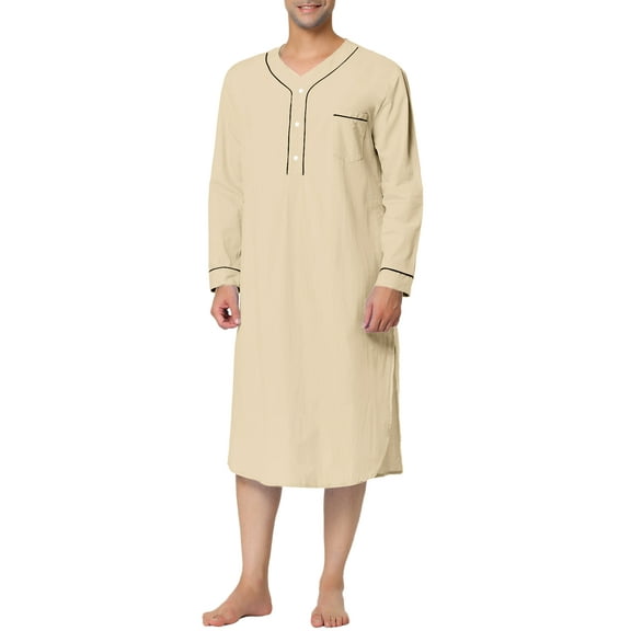INSPIRE CHIC Men's Sleepshirts Henley Collar Solid Color Chest Pocket Long Sleeve Cotton Nightshirt S Khaki