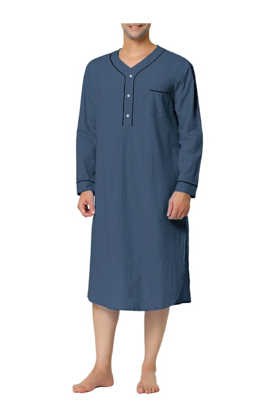 Men's Sleepshirts Henley Collar Solid Color Chest Pocket Long Sleeve Cotton Nightshirt XL Navy Blue