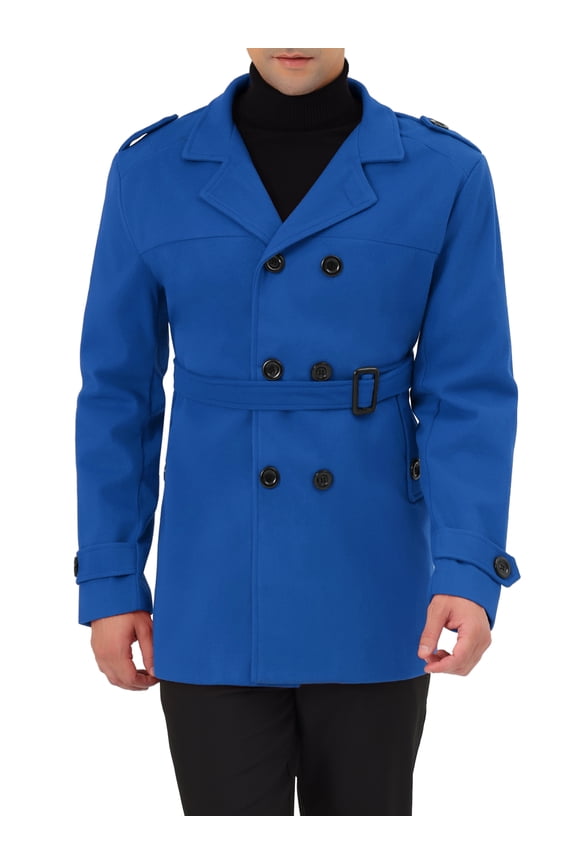 Men's Overcoat Double Breasted Notch Lapel Trench Coat with Belt Blue S