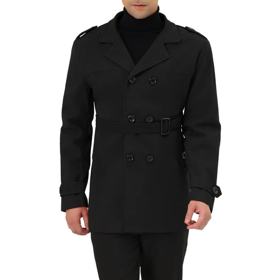 INSPIRE CHIC Men's Overcoat Double Breasted Notch Lapel Trench Coat with Belt Black L