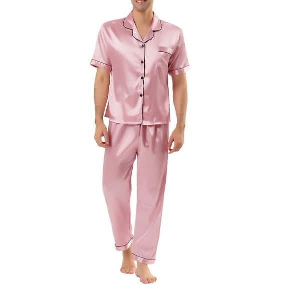 Lars Amadeus Mens Classic Satin Pajama Sets Short Sleeves Button Down Nightwear Sleepwears Loungewear Pjs M Pink