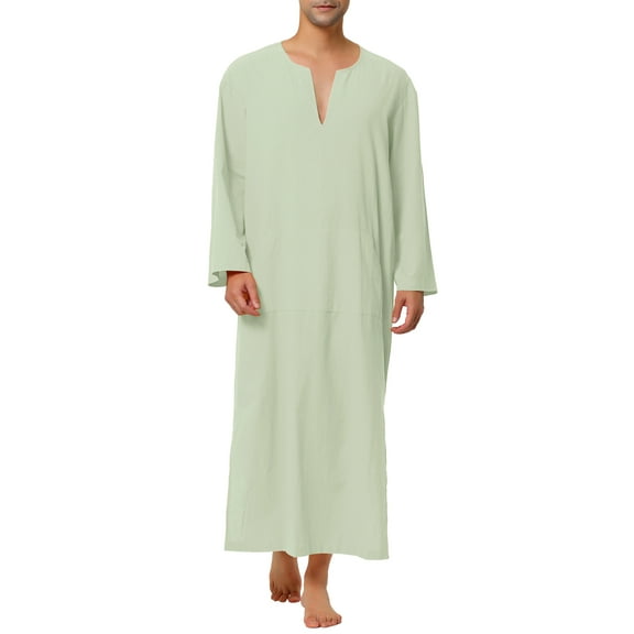 INSPIRE CHIC Men's Pajamas Cotton Sleepwear V-Neck Side Split Long Gown with Pocket XL Green