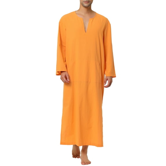 INSPIRE CHIC Men's Pajamas Cotton Sleepwear V-Neck Side Split Long Gown with Pocket XL Orange Yellow