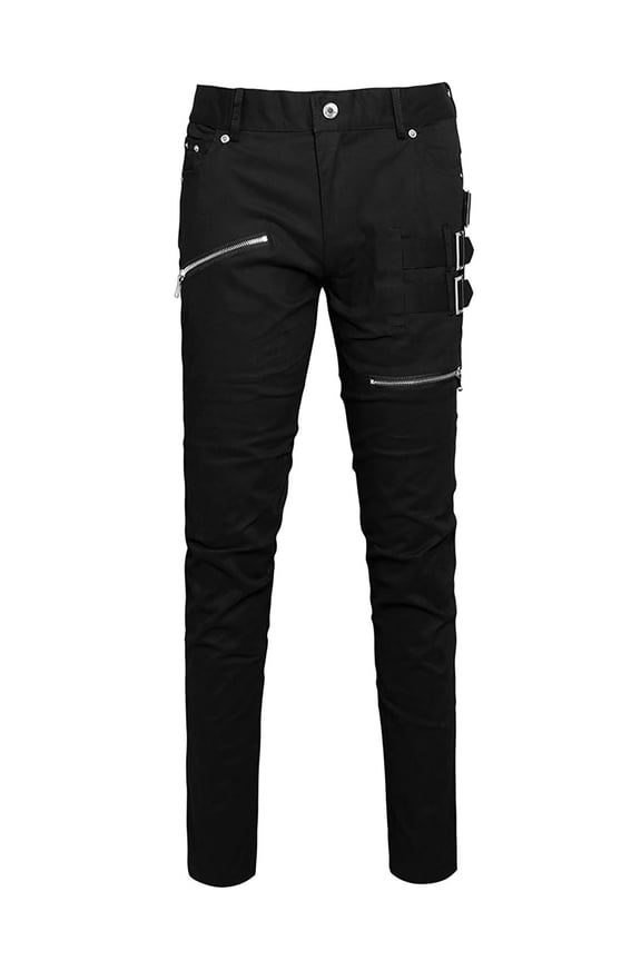 Men's Pant Slim Fit Pockets Patch Buckle Zipper Gothic Punk Rock Pants 32 Black