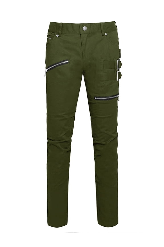 Men's Pant Slim Fit Pockets Patch Buckle Zipper Gothic Punk Rock Pants 30 Green
