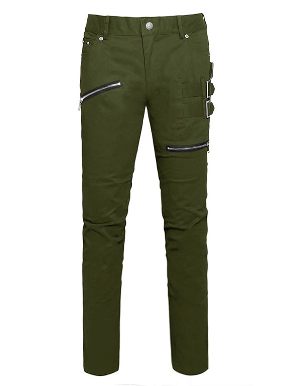 Men's Pant Slim Fit Pockets Patch Buckle Zipper Gothic Punk Rock Pants 30 Green