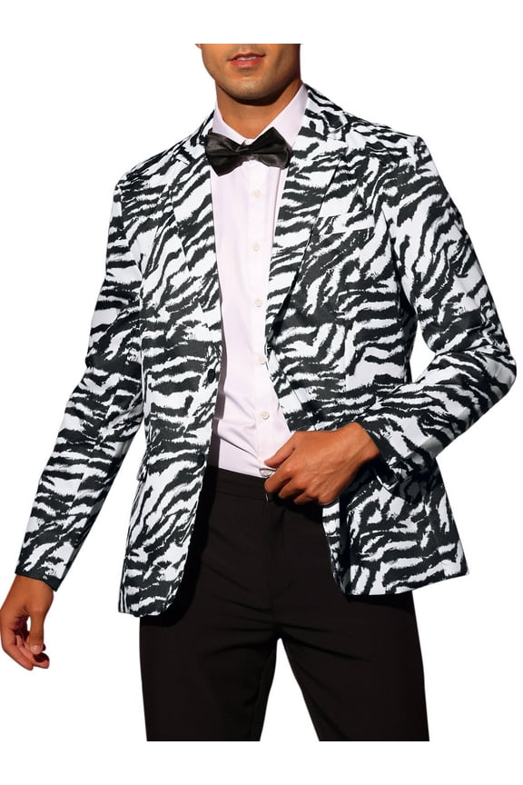 Men's Party Blazer Animal Print Notched Lapel Lightweight Suit Jacket L Black White