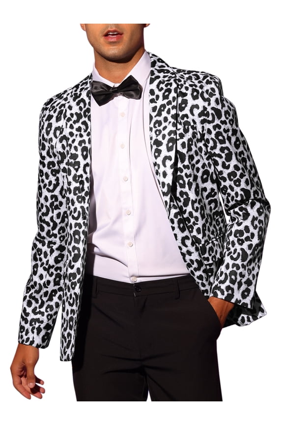 Men's Party Blazer Animal Print Notched Lapel Lightweight Suit Jacket L Black and White