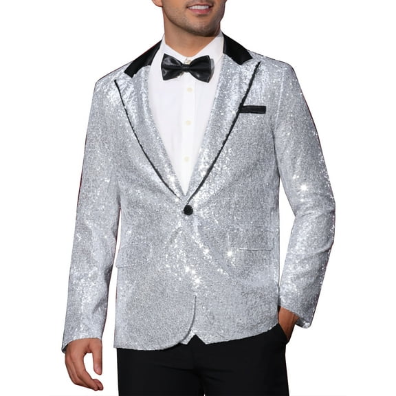 INSPIRE CHIC Men's Peak Lapel Disco Party Tuxedo Sequin Suit Jacket Metallic Sports Coat Blazer