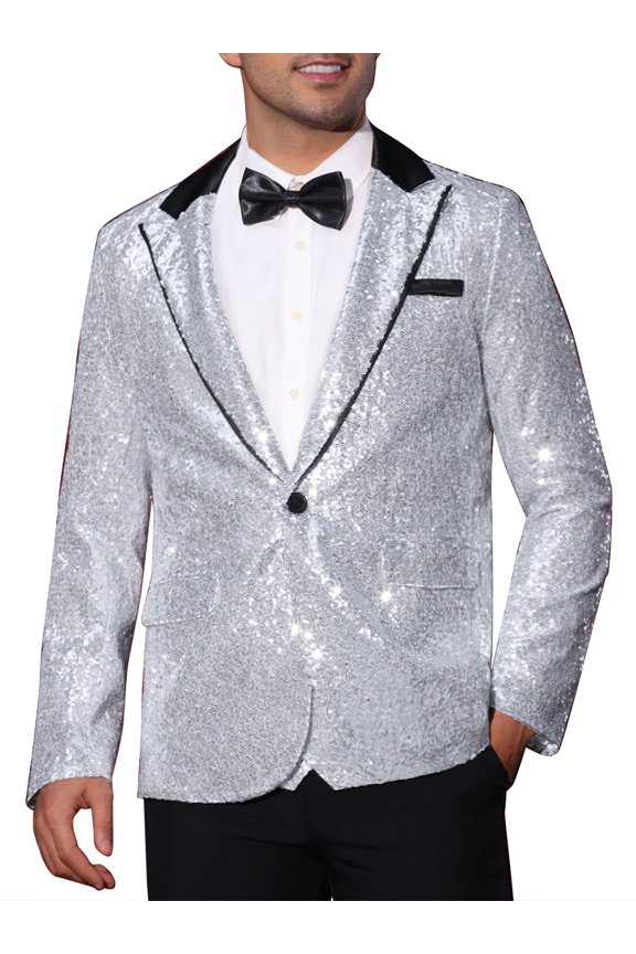 Men's Peak Lapel Disco Party Tuxedo Sequin Suit Jacket Metallic Sports Coat Blazer