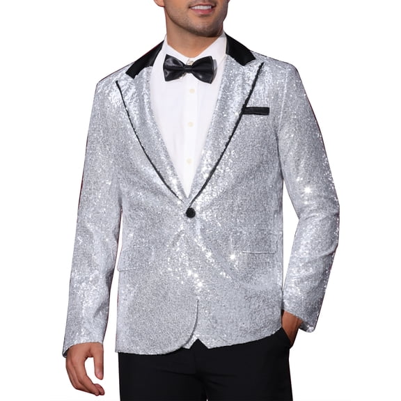 INSPIRE CHIC Men's Peak Lapel Disco Party Tuxedo Sequin Suit Jacket Metallic Sports Coat Blazer