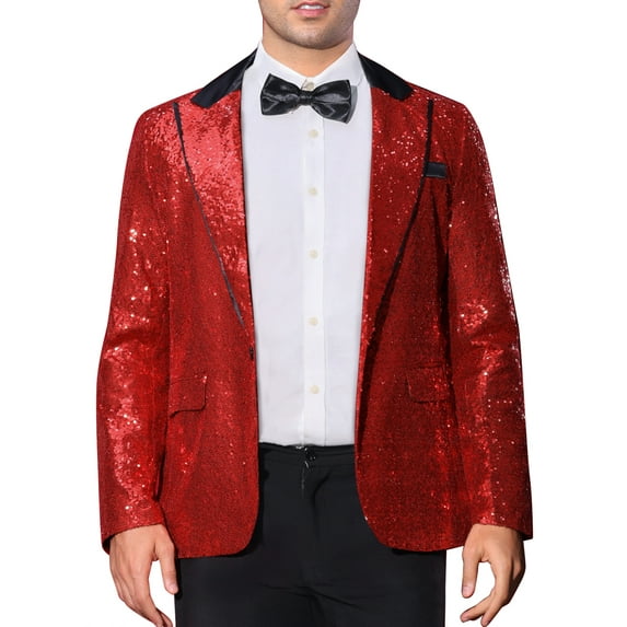 INSPIRE CHIC Men's Peak Lapel Disco Party Tuxedo Sequin Suit Jacket Metallic Sports Coat Blazer