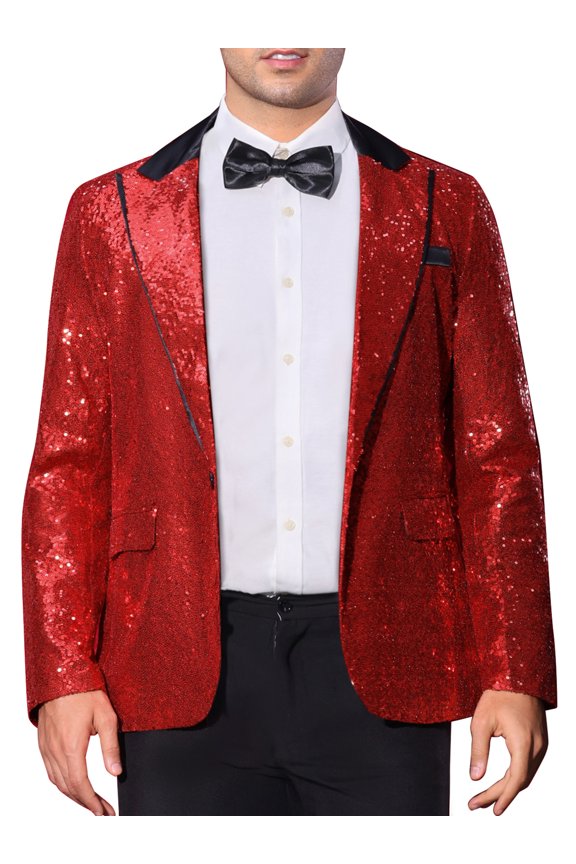 Men's Peak Lapel Disco Party Tuxedo Sequin Suit Jacket Metallic Sports Coat Blazer