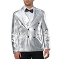 thumbnail image 1 of INSPIRE CHIC Men's Suit Shimmering Blazer Peak Lapel Double-Breast Regular Fit Party Style Blazers M Silver, 1 of 5