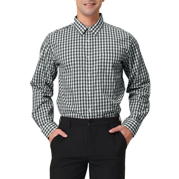INSPIRE CHIC Mens Plaid Shirt Button Down Long Sleeves Dress Gingham Checkered Shirts S Black White
