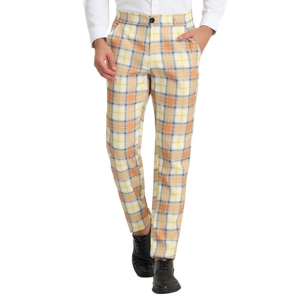 INSPIRE CHIC Men's Pants Plaid Casual Regular Fit Flat Front Stretch Checked Trousers 30 Red Blue