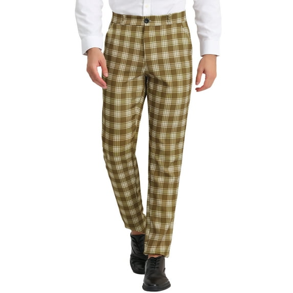 INSPIRE CHIC Men's Pants Plaid Casual Regular Fit Flat Front Stretch Checked Trousers 38 Brown White