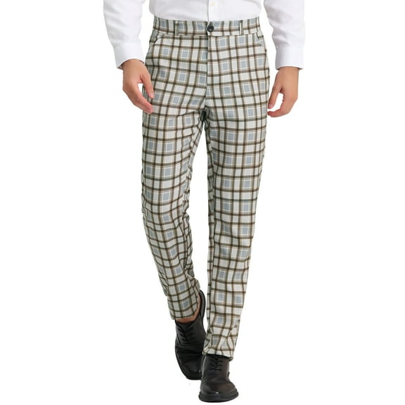 INSPIRE CHIC Men's Pants Plaid Casual Regular Fit Flat Front Stretch Checked Trousers 38 Gray Brown