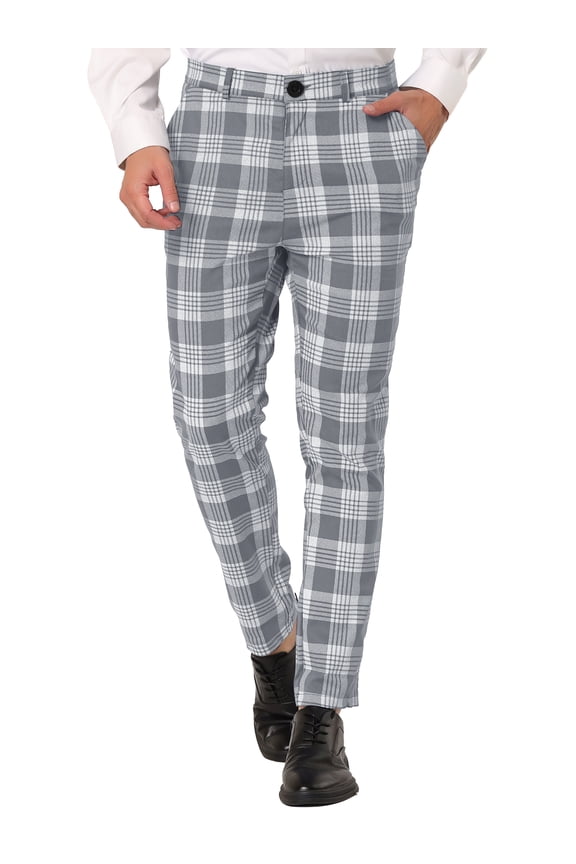Men's Plaid Dress Pants Casual Slim Fit Checkered Business Trousers 34 Gray