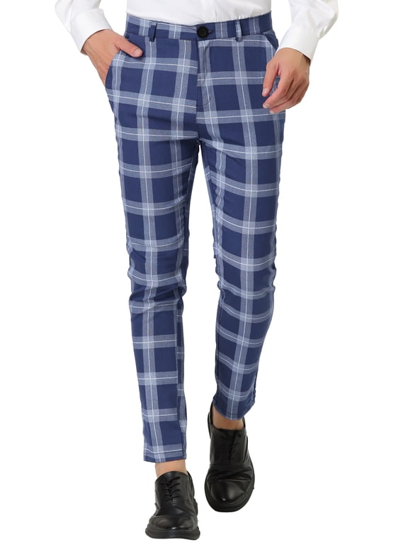 Men's Plaid Pants Flat Front Mid Waist Lightweight Business Check Trousers 32 Blue