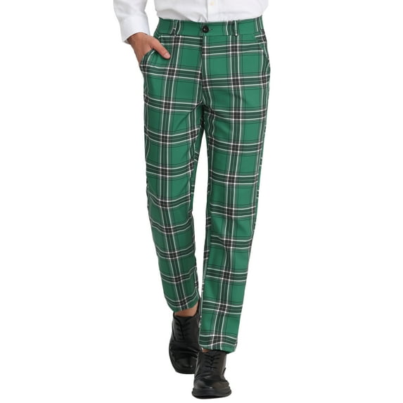 INSPIRE CHIC Men's Pants Plaid Mid-Waist Classic Business Checked Dress Pants 30 Green Black