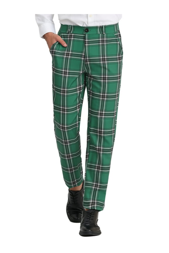 Men's Pants Plaid Mid-Waist Classic Business Checked Dress Pants 32 Green Black