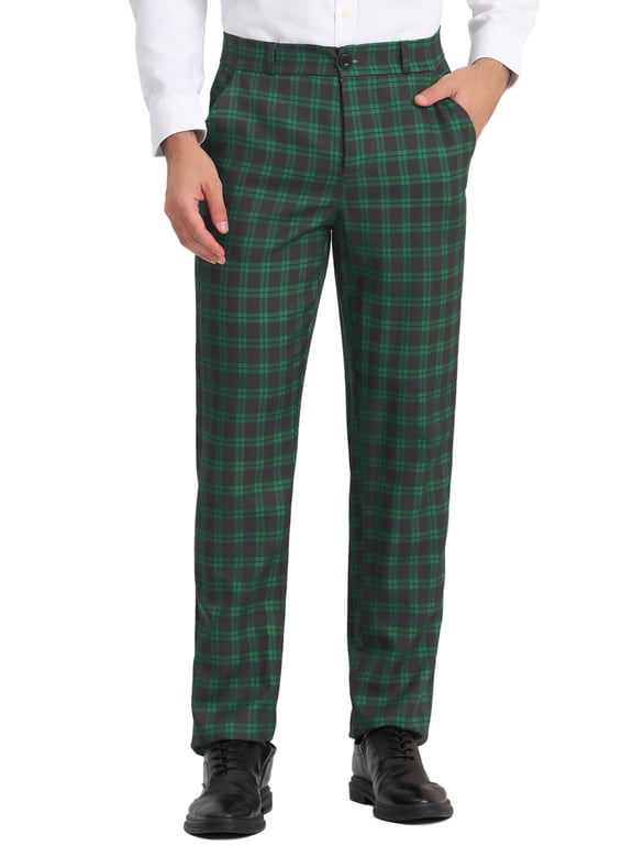 Men's Pants Plaid Mid-Waist Classic Business Checked Dress Pants 38 Green Navy