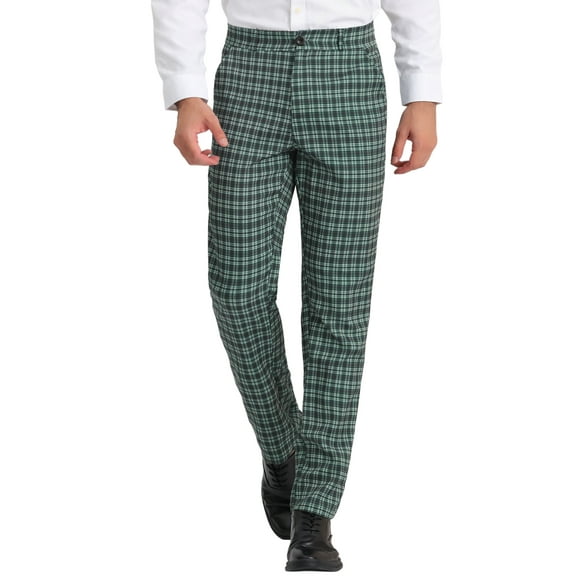 INSPIRE CHIC Men's Pants Plaid Mid-Waist Classic Business Checked Dress Pants 38 Dark Green White