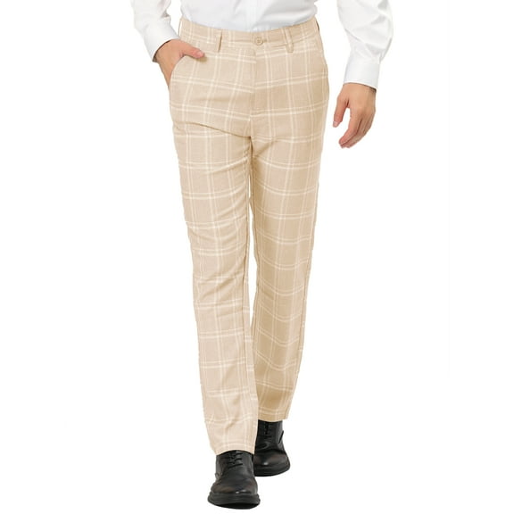 INSPIRE CHIC Men's Plaid Dress Pants Regular Fit Flat Front Checked Trousers Khaki 32