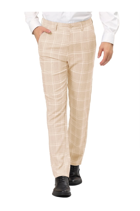 Men's Plaid Dress Pants Regular Fit Flat Front Checked Trousers Khaki 32