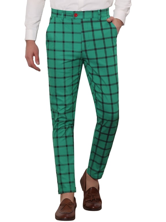 Men's Plaid Dress Pants Slim Fit Business Checked Trousers 28 Green Black