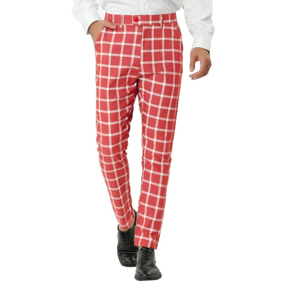 INSPIRE CHIC Men's Plaid Dress Pants Slim Fit Business Checked Trousers 38 Red