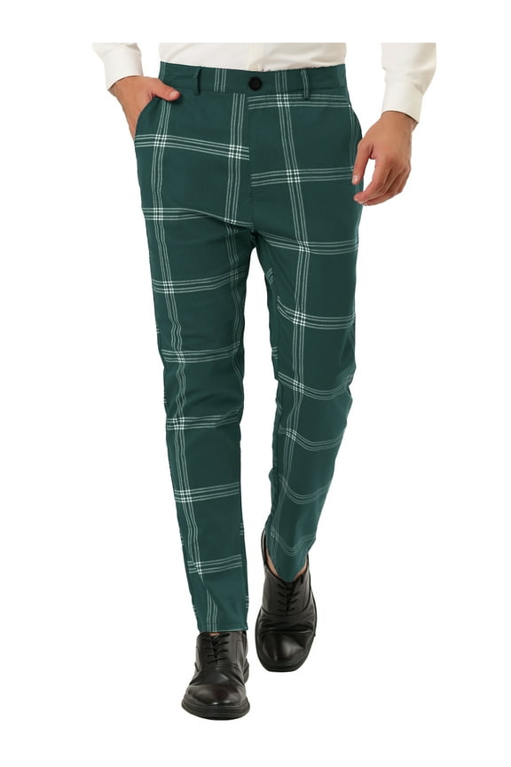 Men's Plaid Dress Pants Slim Fit Checked Printed Trousers 32 Green