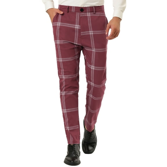 INSPIRE CHIC Men's Plaid Dress Pants Slim Fit Checked Printed Trousers 36 Burgundy