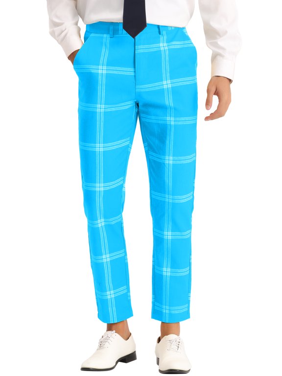 Men's Plaid Dress Pants Slim Fit Checked Printed Trousers 28 Blue and White