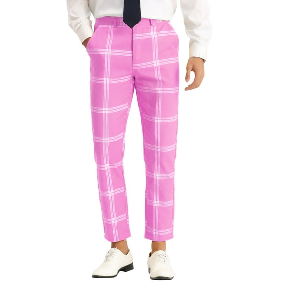 INSPIRE CHIC Men's Plaid Dress Pants Slim Fit Checked Printed Trousers 28 Pink