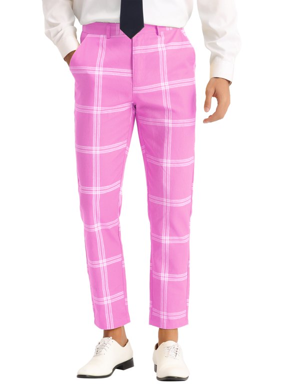 Men's Plaid Dress Pants Slim Fit Checked Printed Trousers 28 Pink