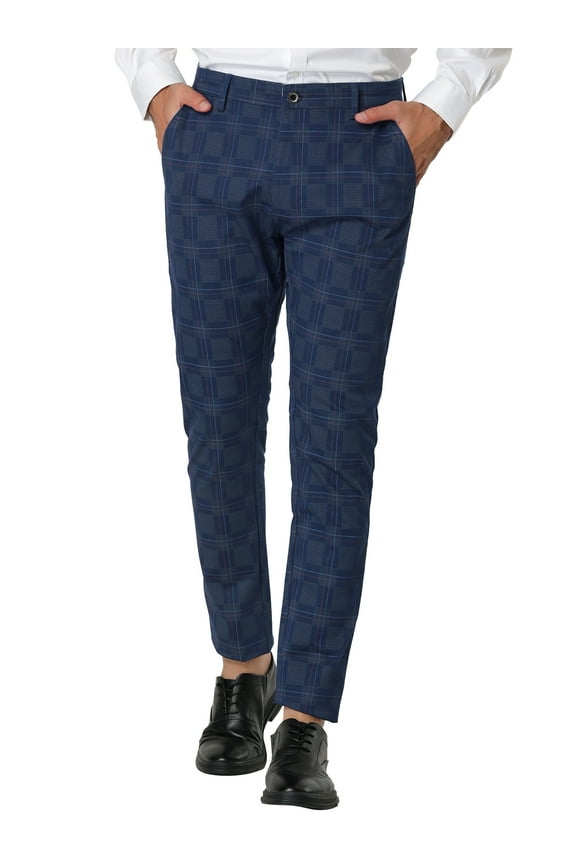 Men's Plaid Dress Pants Slim Fit Flat Front Business Check Trousers 28 Blue