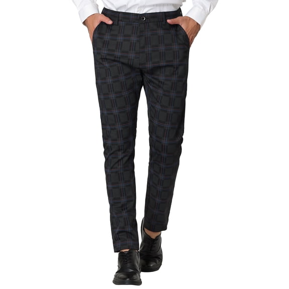INSPIRE CHIC Men's Plaid Dress Pants Slim Fit Flat Front Business Check Trousers 28 Black