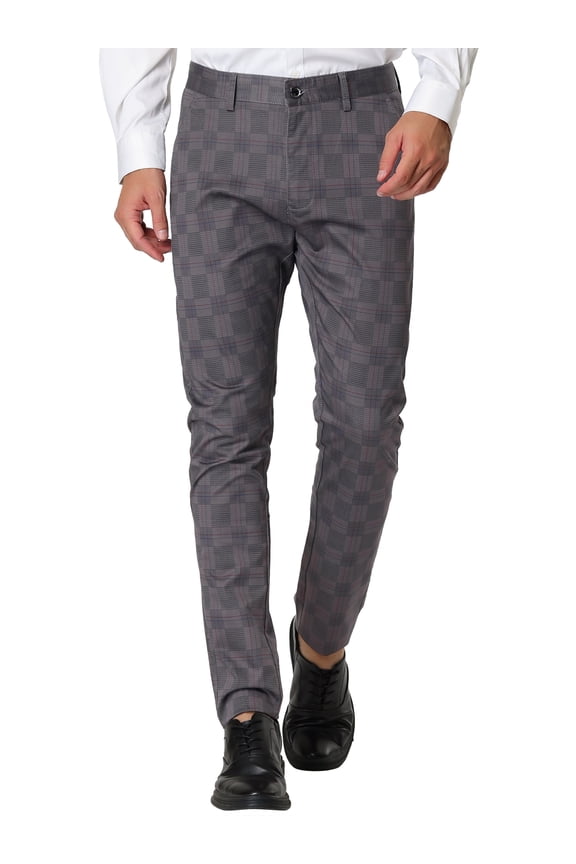 Men's Plaid Dress Pants Slim Fit Flat Front Business Check Trousers 28 Gray