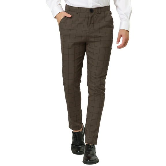 Lars Amadeus Men's Plaid Dress Slim Fit Checked Business Pants with Pockets 28 Brown