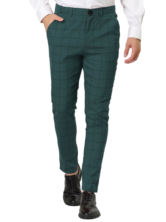 Men's Plaid Dress Slim Fit Checked Business Pants with Pockets 28 Green