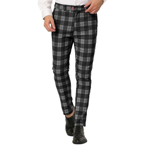 INSPIRE CHIC Men's Plaid Pants Casual Slim Fit Flat Front Check Dress Trousers 34 Black