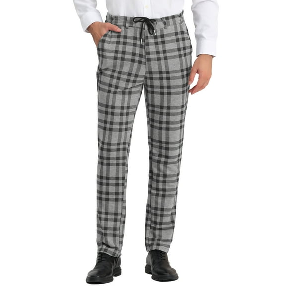 INSPIRE CHIC Men's Plaid Pants Casual Slim Fit Flat Front Check Dress Trousers 30 Gray Black