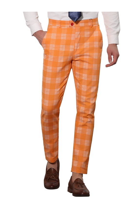 Men's Plaid Pants Casual Slim Fit Flat Front Check Dress Trousers 28 Orange