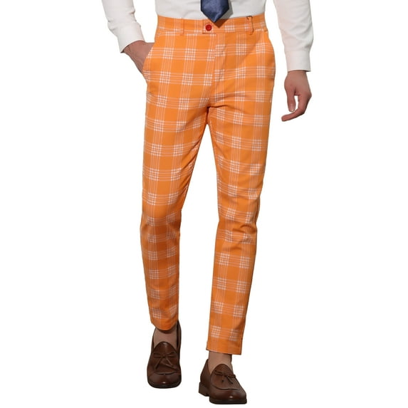 INSPIRE CHIC Men's Plaid Pants Casual Slim Fit Flat Front Check Dress Trousers 28 Orange