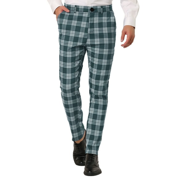 INSPIRE CHIC Men's Plaid Pants Casual Slim Fit Flat Front Check Dress Trousers 34 Green