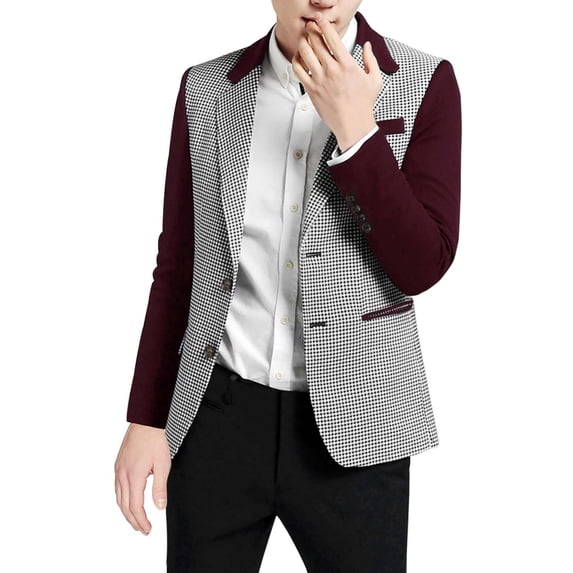 INSPIRE CHIC Men's Plaid Pattern Blazer Slim Fit Casual Sports Coat M Burgundy and White
